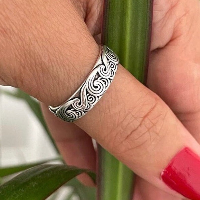 Anillo de plata ajustable con ondas marinas para mujer, anillo plateado, anillo para pulgar de plata, anillo Boho Bant, regalo para mujeres/hombres/padre, joyería para mujeres imagen 5