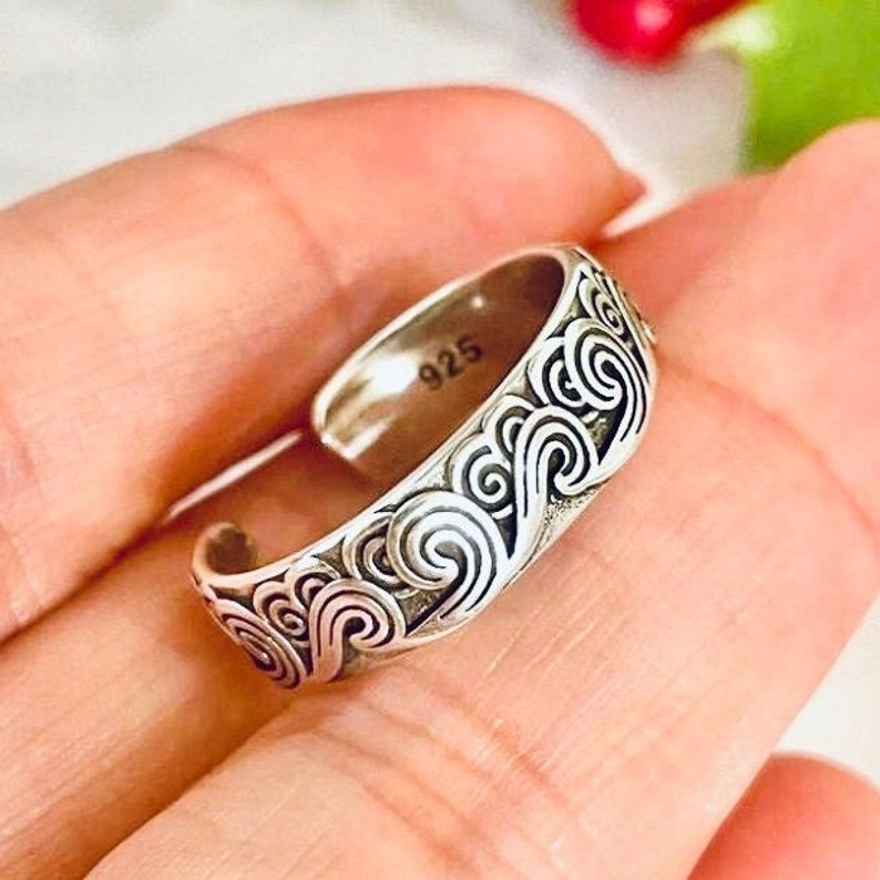 Adjustable Sea Waves Silver Ring For Women,Silver Plated Ring,Silver Thumb Ring,Boho Bant Ring, Gift for women/men/father, Jewelry for women image 1