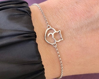 Zilveren kat hoofd armband voor vrouwen-zilveren ketting armband-klein hart armband-kat minnaar cadeau-cadeau voor haar-Valentijnsdag cadeau-zilveren kat Bangle