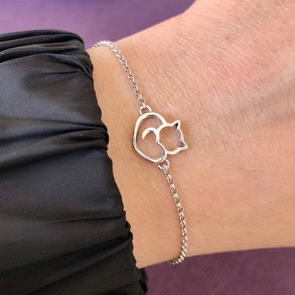 Silber Katzenkopf Armband für Frauen-Silber Kettenarmband-Tiny Herz Armband-Katzenliebhaber Geschenk-Geschenk für Her-Valentinstag Geschenk-Silber Katzen Armreif