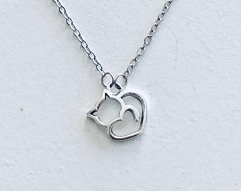 S925 Sterling Silver Cat Head Necklace For Woman- Silver Cat Chain Necklace- Tiny Heart Necklace- Cat Lover Gift- Silver Cat Jewelry for her