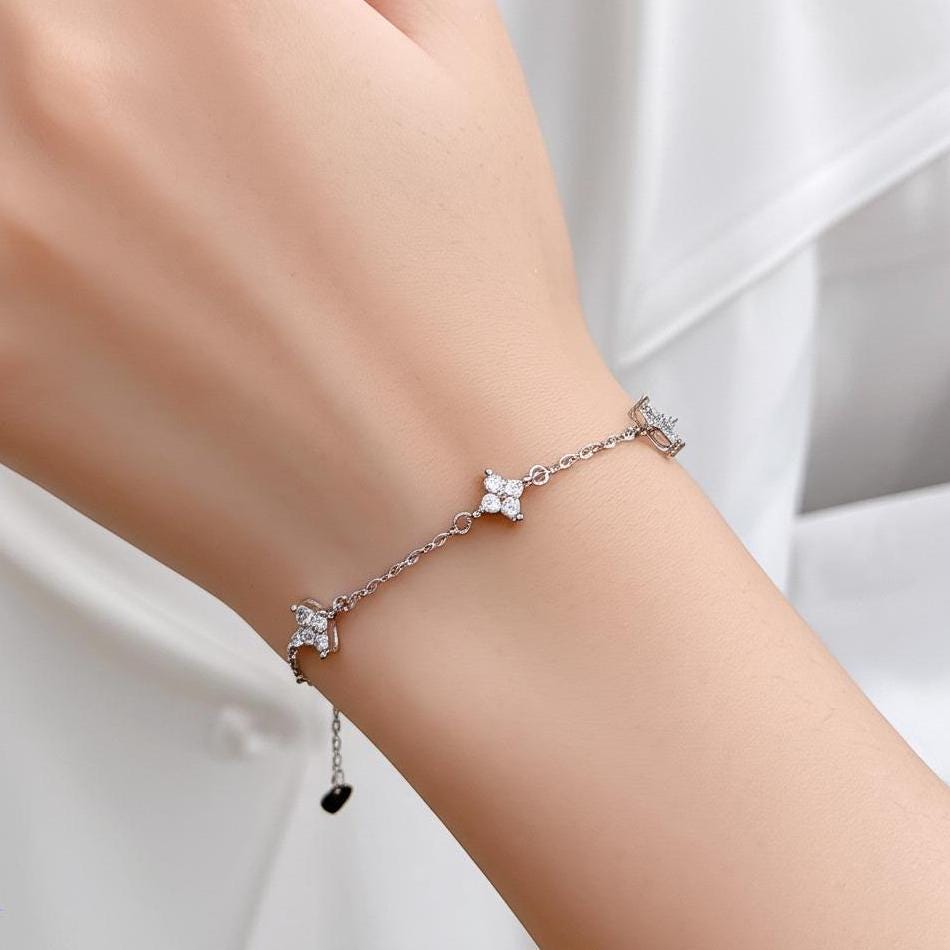 S925 Sterling Silver Four Leaf Clover Chain Link Bracelet-cz S925 Sterling Silver Four Leaf Clover Chain Link Bracelet-cz