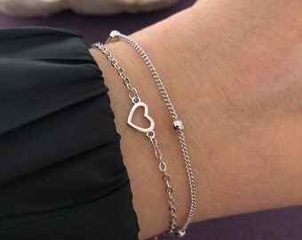 Pulsera de corazón delicado, pulsera de cadena de plata, pulsera linda, pulsera ajustable, pulsera de corazón pequeño, regalo para ella, regalo de San Valentín, brazalete 925