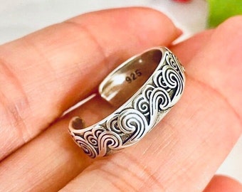 Verstelbare zee golven zilveren ring voor vrouwen, verzilverde ring, zilveren duim ring, Boho Bant ring, cadeau voor vrouwen/mannen/vader, sieraden voor vrouwen