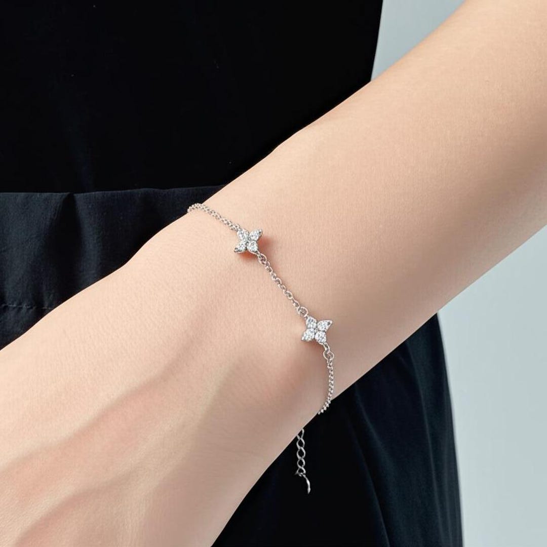S925 Sterling Silver Four Leaf Clover Chain Link Bracelet-cz S925 Sterling Silver Four Leaf Clover Chain Link Bracelet-cz