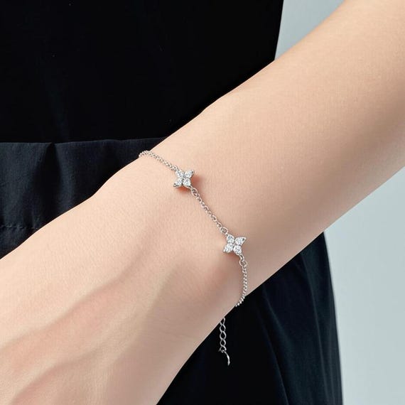 S925 Sterling Silver Four Leaf Clover Chain Link Bracelet-cz S925 Sterling Silver Four Leaf Clover Chain Link Bracelet-cz