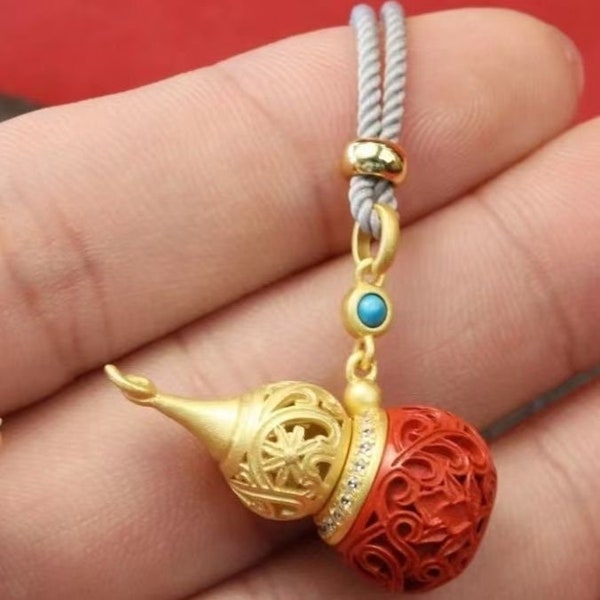 Bronze ware natural red cinnabar gourd pendant pendant carved golden lotus key chain clothing accessories creative gifts