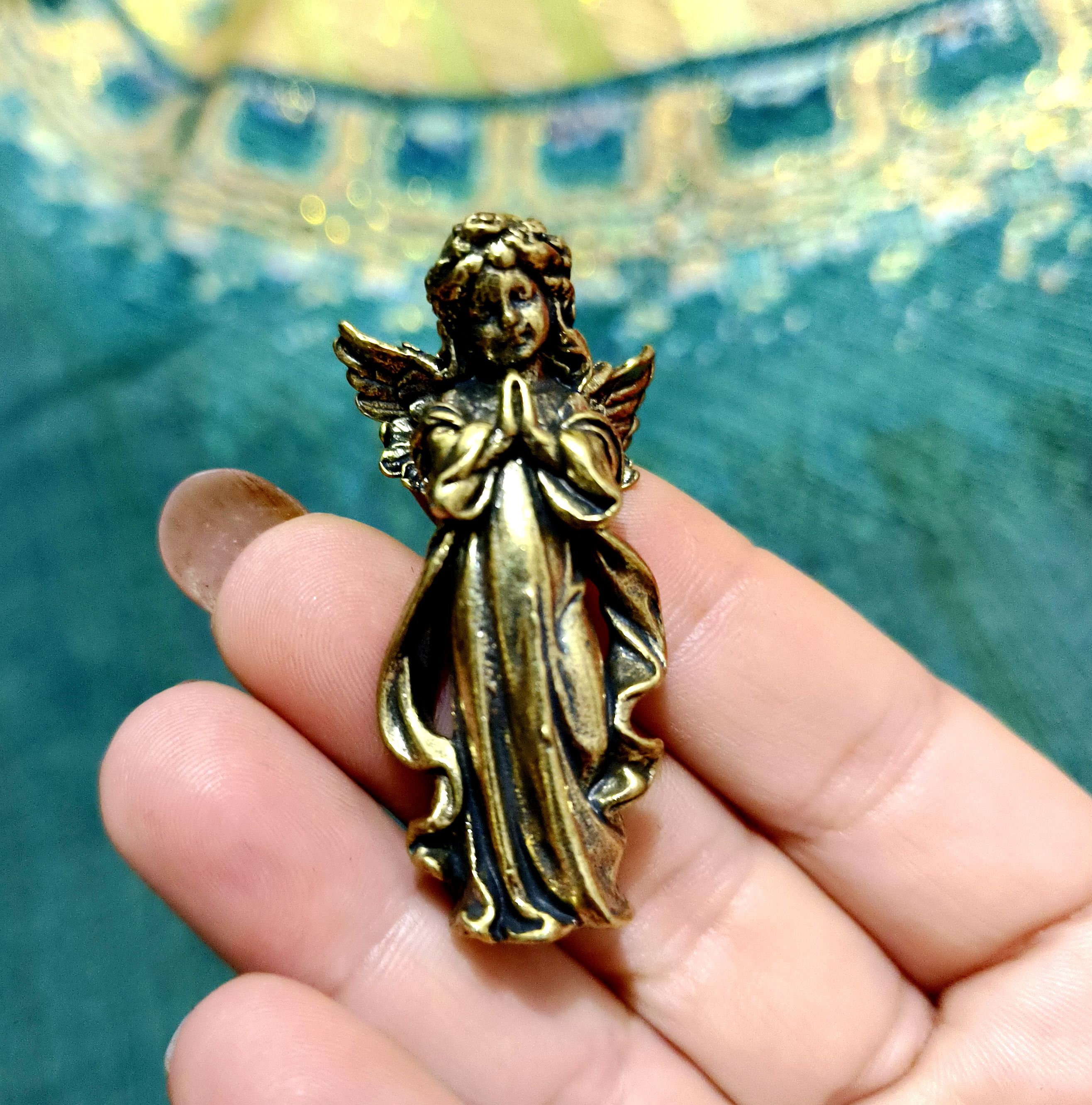 Statue Ange Baptismal En Résine - Finition Bronze Patiné - Hauteur 20cm - État Neuf