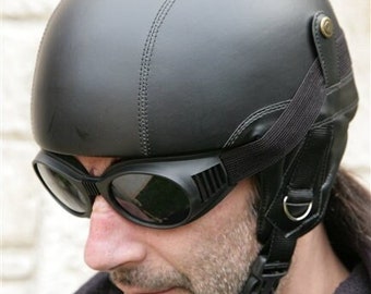 motorcycle replica helmet pilot handmade open eco leather black mat half goggles scooter Oldschool