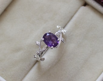 Anillo de amatista vintage, anillo de bodas de piedra preciosa púrpura, anillo de plata de corte ovalado, anillo inspirado en la naturaleza, joyería hecha a mano, regalo para ella