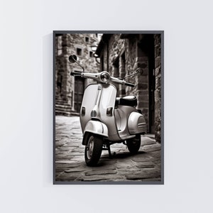 Vespa, wall decor, holidays, travel photography, black and white, street image, narrow passage, wall art, digital download, printable
