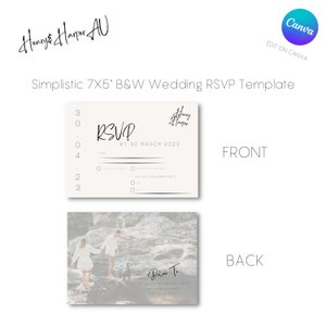 May include: Black and white wedding RSVP card template with a simple design. The front of the card has the text "RSVP by 30 March 2023" and a space for guests to indicate their attendance. The back of the card has a photo of a couple walking on a beach.