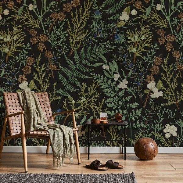 dark botanical wallpaper, dark leaves, forest wallpaper / peel stick removable wallpaper