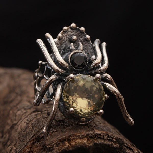 Unique Silver Spider Ring - Citrine Gemstone Ring - Spider Ring Jewelry - Yellow Gemstone Ring - Handmade Gothic Ring - Citrine & Onyx