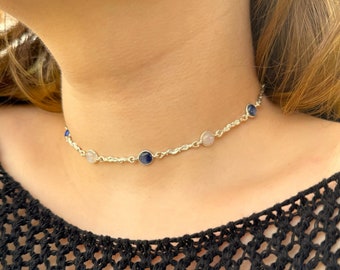 Handmade Choker Necklace - Kyanite and Moonstone Silver Jewelry - 925 Sterling Silver Necklace w/ Kyanite & Moonstone Gemstone - Unique