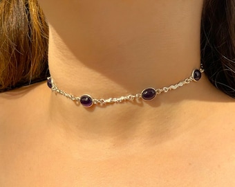 Handcrafted Silver Amethyst Choker Necklace • Vintage Design Handmade Amethyst Gemstone Choker Jewelry • 925 Sterling Silver Necklace •