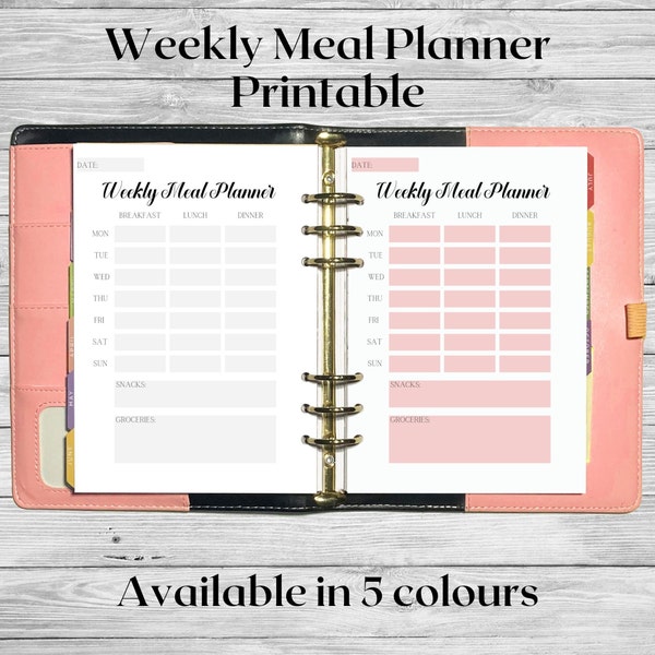 Weekly Meal Planner Printable | Grocery List | Minimalist Design | 5 Colours, A4, A5 & US Letter Size | Food Journal | Fitness Diet Menu