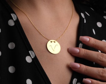 14K Gold Name Disc Necklace, Gold coin necklace, Custom Initial necklace, Letter Tag Necklace for Mother, Kids names necklace