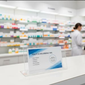 May include: A clear acrylic sign holder displaying a printed card with the text "HEALTH & WELLBEING TIPS" in a pharmacy setting. The card lists tips on daily vitamins, hydration, and sun protection. Shelves of medications are in the background.