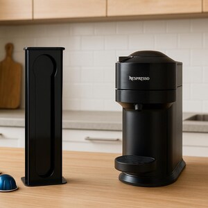 Op de afbeelding: Een zwarte Nespresso Vertuo koffiemachine met bijpassende capsulehouder. Drie gekleurde koffiecapsules liggen op het houten aanrecht. De machine heeft het Nespresso-logo. De keuken heeft een gootsteen en een plant.