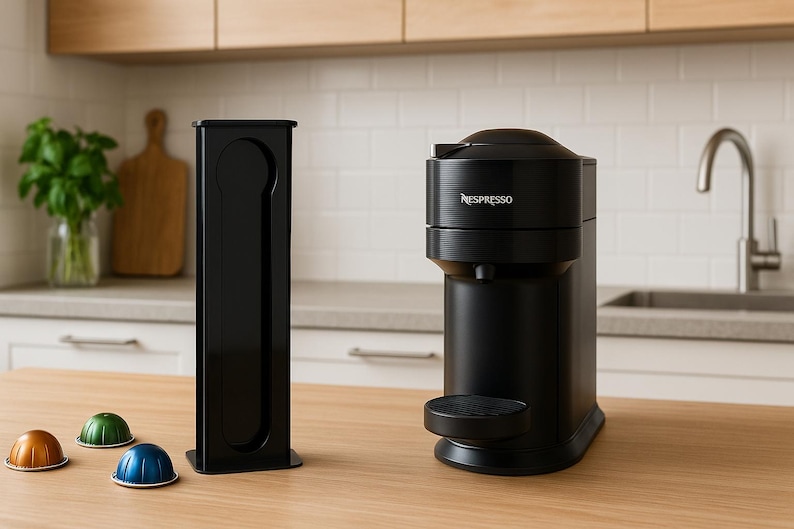 Op de afbeelding: Een zwarte Nespresso Vertuo koffiemachine met bijpassende capsulehouder. Drie gekleurde koffiecapsules liggen op het houten aanrecht. De machine heeft het Nespresso-logo. De keuken heeft een gootsteen en een plant.
