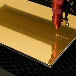 May include: A laser cutter in operation, focused on a sheet of gold-coloured material. The red laser head emits a bright beam, precisely cutting the surface. The material reflects the light, and the honeycomb pattern of the machine's base is visible.