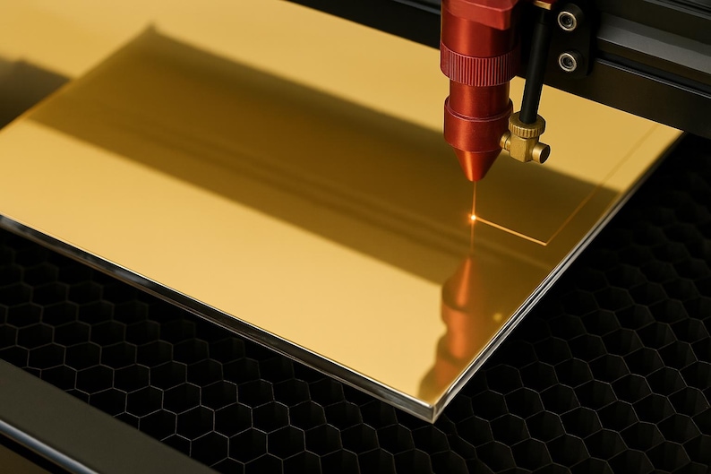 May include: A laser cutter in operation, focused on a sheet of gold-coloured material. The red laser head emits a bright beam, precisely cutting the surface. The material reflects the light, and the honeycomb pattern of the machine's base is visible.