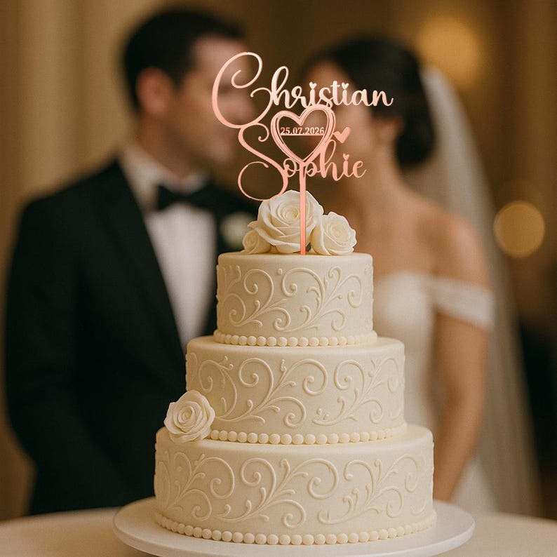 Peut inclure: Un g&acirc;teau de mariage &agrave; trois niveaux avec un gla&ccedil;age blanc et des d&eacute;corations florales. Un cake topper en or rose indique "Christian & Sophie" avec un c&oelig;ur et une date. Le g&acirc;teau est sur un pr&eacute;sentoir blanc.