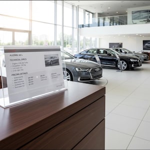 May include: An Audi car showroom with several new cars on display. A clear acrylic sign on a wooden counter displays technical specifications and pricing details for an Audi A8L 4.0L.