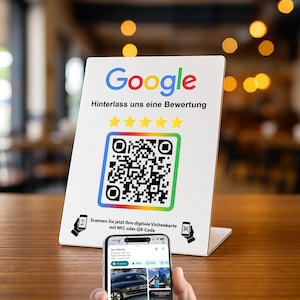 NFC & QR Code Display personalisiert – Tischaufsteller mit eigenem Link – ideal für Google Bewertungen, Menü, WLAN