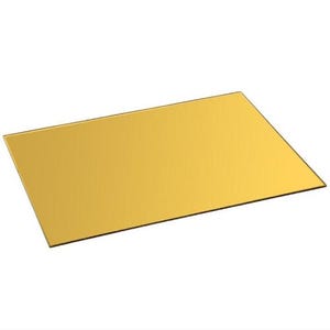 May include: A rectangular sheet of gold-coloured acrylic. The sheet has a smooth, reflective surface and is angled slightly, showcasing its shape and colour. The edges are clean and well-defined, suggesting a precision cut.
