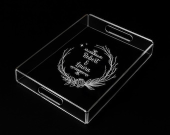 Plateau de service personnalisé en acrylique transparent - Organiseur rectangulaire moderne avec poignées - Design personnalisé - Durable et transparent