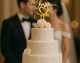 Personalized Wedding Cake Topper: Gold or Rose Gold Acrylic, Elegant Script
