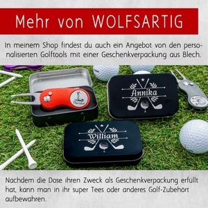 Hinweis auf ein weiteres Angebot von WOLFSARTIG: Das Golftool ist auch mit einer hochwertigen Geschenkverpackung erhältlich, deren Deckel zusätzlich mit dem Namen des Beschenkten personalisiert werden kann.