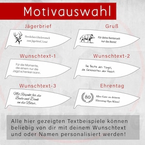 Motivauswahl für ein personalisiertes Jagdmesser. Zur Auswahl stehen verschiedene Grußtexte.