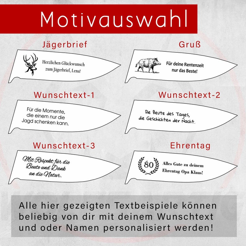 Motivauswahl für ein personalisiertes Jagdmesser. Zur Auswahl stehen verschiedene Grußtexte.