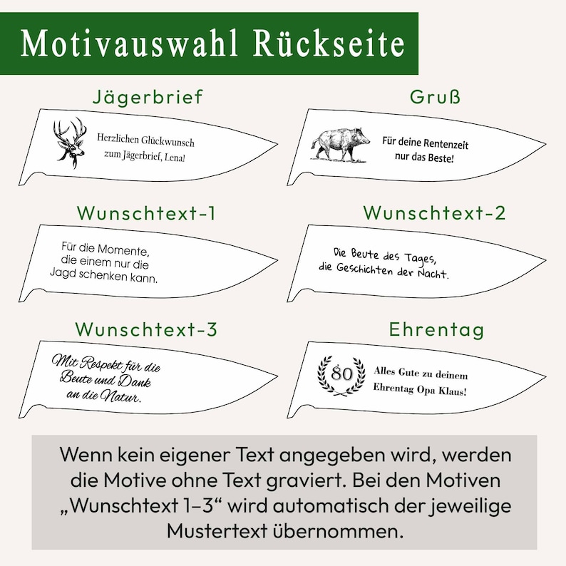 Motivauswahl Jagdmesser Rückseite: 6 Gravur-Optionen – Jägerbrief, Gruß, Ehrentag und 3 Wunschtexte personalisierbar