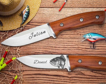 Angelmesser mit Gravur | Geschenk Angler | personalisiertes Messer mit Angelmotiven | Vatertagsgeschenk Mann | Geburtstagsgeschenk Freund