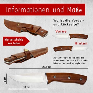 Maßangaben von einem Jagdmesser mit Holzgriff. Eine Messertasche aus Leder, die es kostenlos zum Jagdmesser dazu gibt.