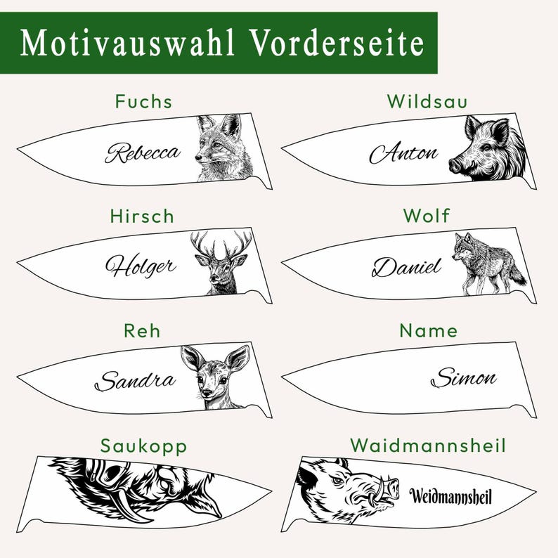 Motivauswahl Jagdmesser Vorderseite: 8 Lasergravur-Motive – Fuchs, Hirsch, Reh, Wildsau, Wolf, Saukopp, Waidmannsheil, Name