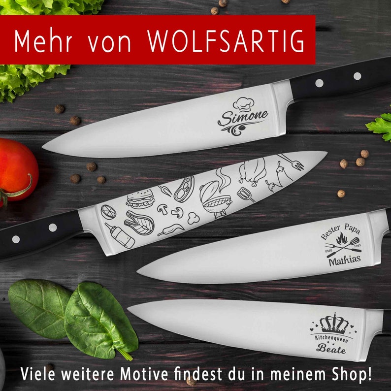 Verschiedene personalisierte Küchenmesser mit unterschiedlichen Motiven: Hobbykoch, Grillmeister, Vatertag, Lieblingsköchin