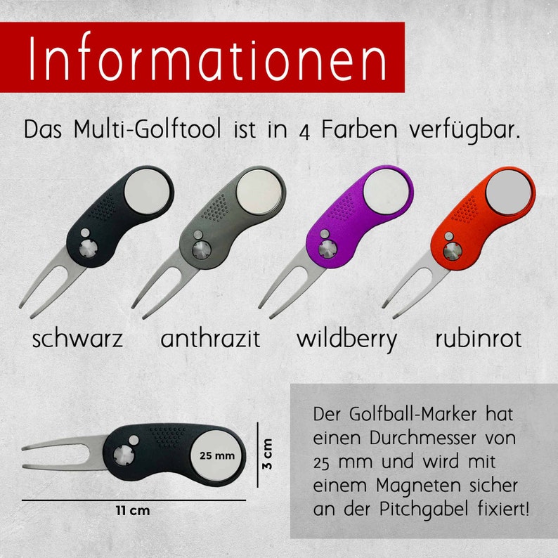 Farbauswahl des Golftools von WOLFSARTIG, verfügbar in Schwarz, Anthrazit, Wildberry und Rubinrot. Ein ideales Geschenk für Männer und Frauen, die leidenschaftlich gerne Golf spielen.