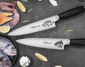 Küchenmesser mit Angelmotiven | Geschenk für Angler | personalisiertes Küchenzubehör mit Fischen | Angelmesser mit Gravur | Vatertag