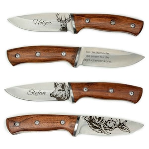 Personalisierte Jagdmesser mit Lasergravur – Hirsch, Wildsau und Saukopp-Motiv mit Name und Wunschtext, Holzgriff
