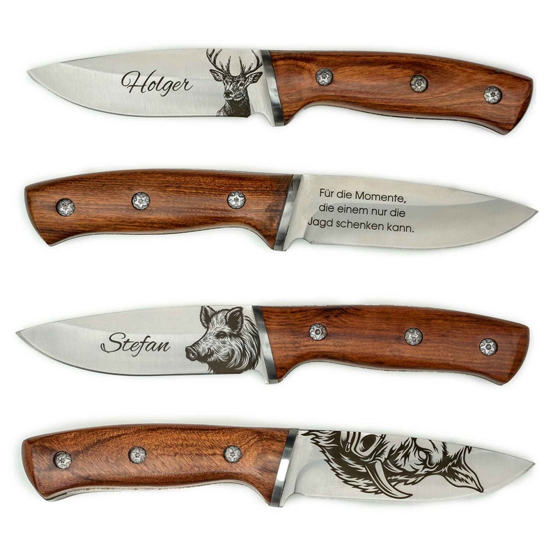 Personalisierte Jagdmesser mit Lasergravur – Hirsch, Wildsau und Saukopp-Motiv mit Name und Wunschtext, Holzgriff