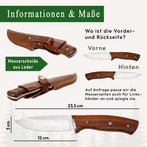 Infografik: personalisiertes Jagdmesser mit Lederscheide, 23,5 cm Gesamtlänge, 12 cm Klinge – graviertes Geschenk