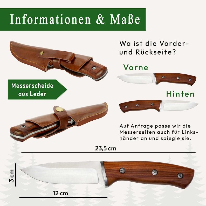 Infografik: personalisiertes Jagdmesser mit Lederscheide, 23,5 cm Gesamtlänge, 12 cm Klinge – graviertes Geschenk