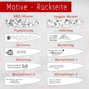 Eine Auswahl von Motiven für das personalisierte Küchenmesser von WOLFSARTIG. Die hier gezeigten Motive sind für die Rückseite bestimmt.