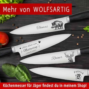 Küchenmesser von WOLFSARTIG mit jagdlichen Gravuren auf der Klinge, darunter eine Wildsau, ein Hirschbock und eine Namensgravur. Ein perfektes Geschenk für kochbegeisterte Jäger.