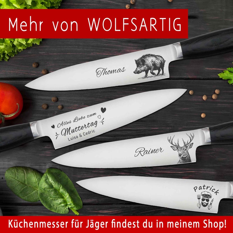 Küchenmesser von WOLFSARTIG mit jagdlichen Gravuren auf der Klinge, darunter eine Wildsau, ein Hirschbock und eine Namensgravur. Ein perfektes Geschenk für kochbegeisterte Jäger.